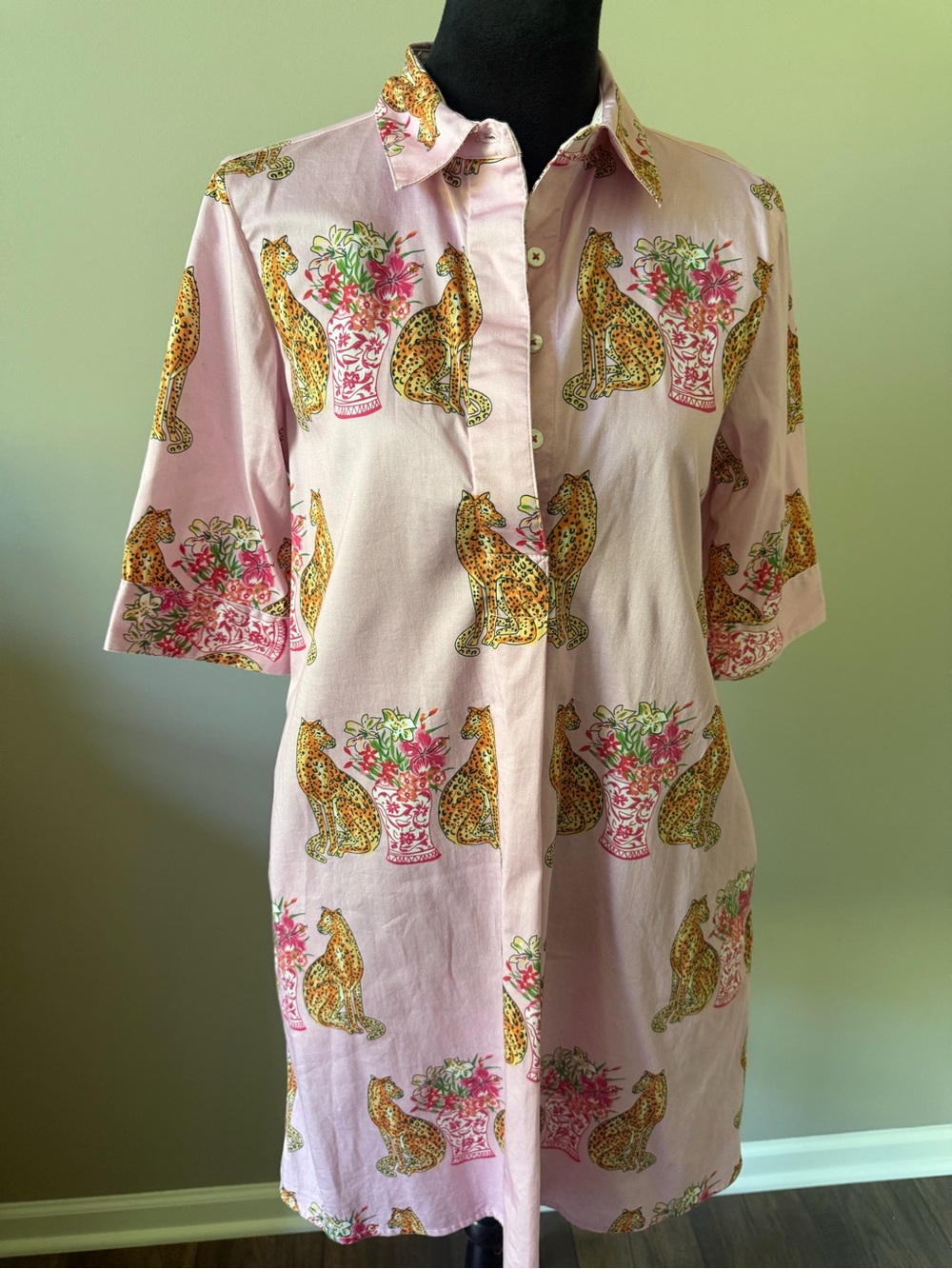 Dizzy Lizzie Chatham Dress Pink Floral & Cheetah Print Shirt Small